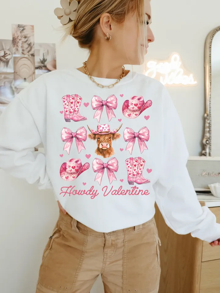 Howdy Valentine Coquette png, Valentines Cow print png, Valentines Sublimation PNG, Pink Cowgirl png, Vday shirt designs, Coquette bow png