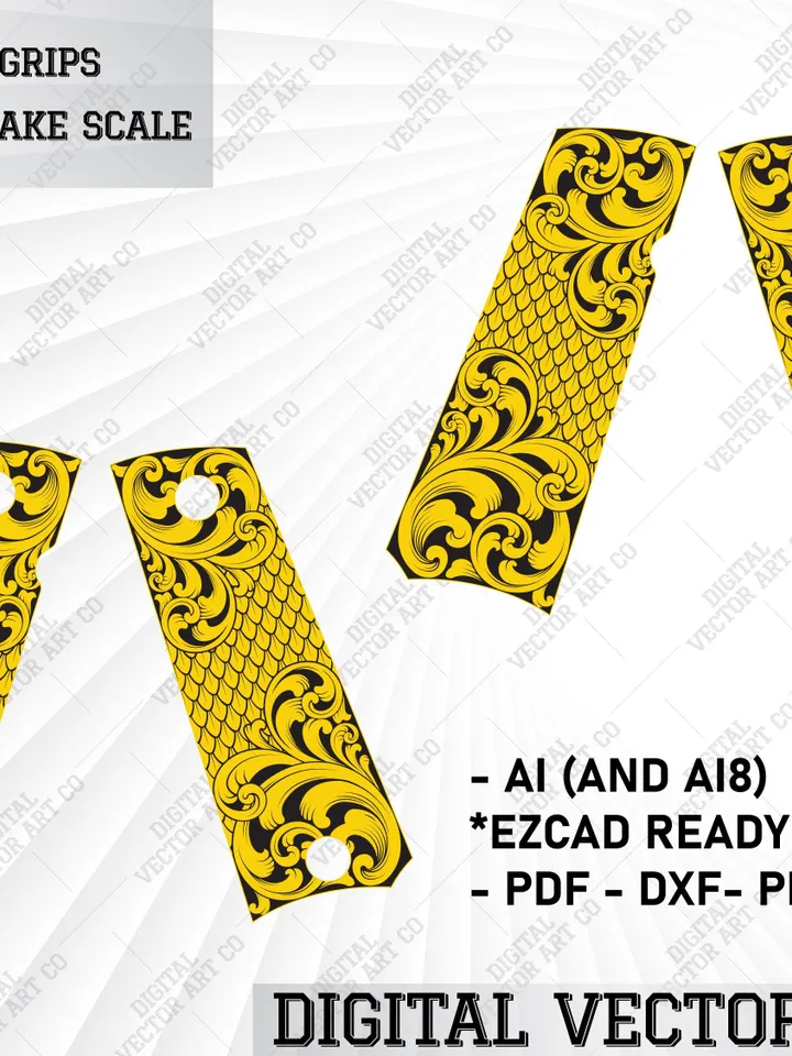 Colt1911 Grips Scroll  snake scale design.grips svg,laser svg file,1911grips,laser cutting,snake pattern,calligraphy,drawing,gunengraving