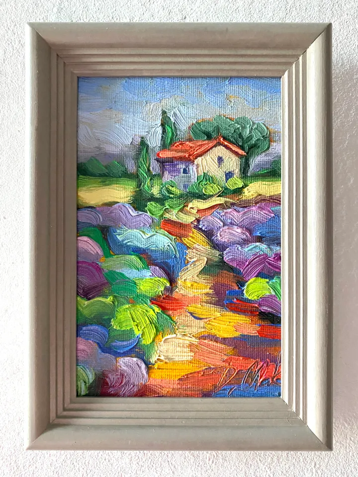 Lavender Fields Painting Tuscany Original Art Landscape Oil Painting Impasto Small Artwork 4x6 Tuscan Serenity Painting Wild Flowers