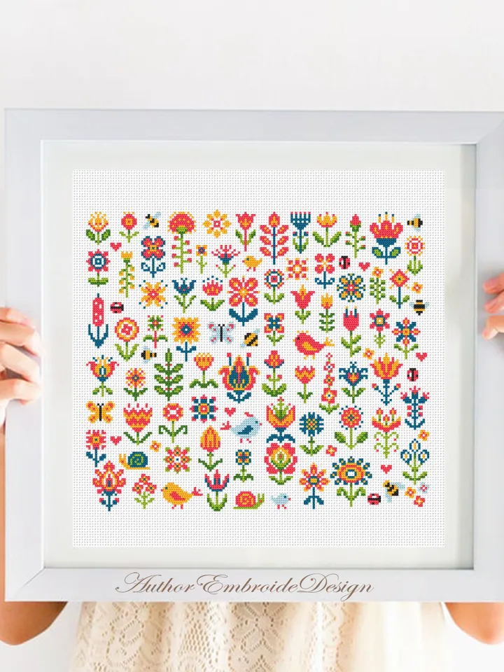 Folk flowers cross stitch pattern PDF download Tiny flower sampler cross stitch, Mini floral pattern digital PDF, Scandinavian folk #P43
