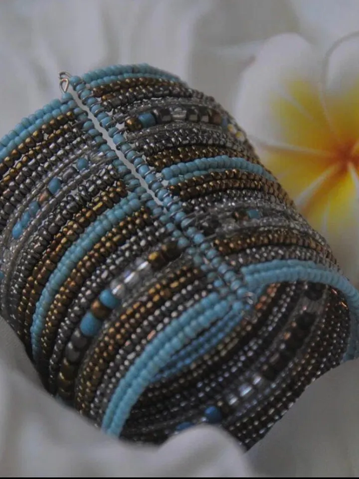Wide Bead Handmade Bracelet Blue Silver | Boho summer wide bracelet | Summer Handmade Elegant Bracelet | Bead Handmade Hippie Bracelet Wide