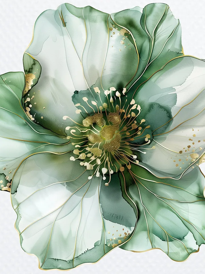 12 Abstract Flowers Clipart, Green Gold Flowers PNG, Lime Gold Flowers Print for sublimation, Printable Watercolor clipart, Digital download