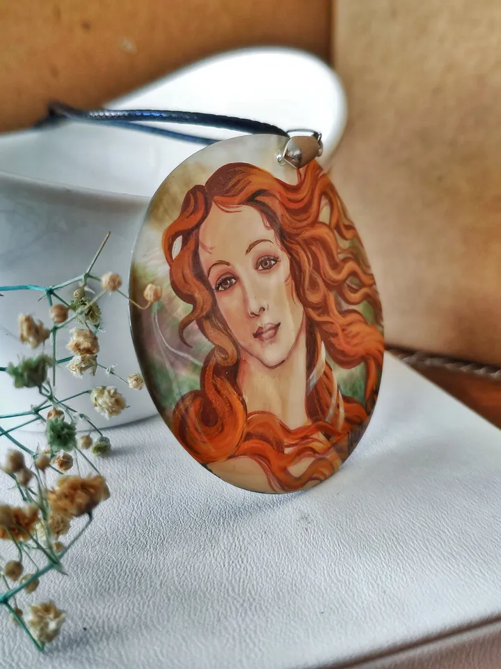 Pearl pendant necklace: Greek goddess on handmade jewelry • The Birth of Venus painted on aesthetic necklace • Elegant art on dainty pendant