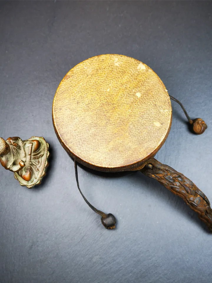 Gandhanra Vintage Tibetan Tantric Buddhist Ritual Implement Chod Drum,Damaru,Religious Ceremonial,4.15",80 Years Old.