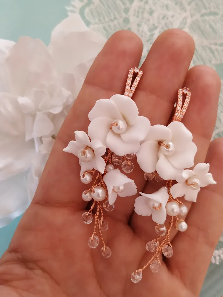 White Porcelain Flowers Gold | Rose Gold Wedding Necklace Set, Boho Wedding Earrings, Boho Bridal Earrings, Floral Wedding Jewelry Set,