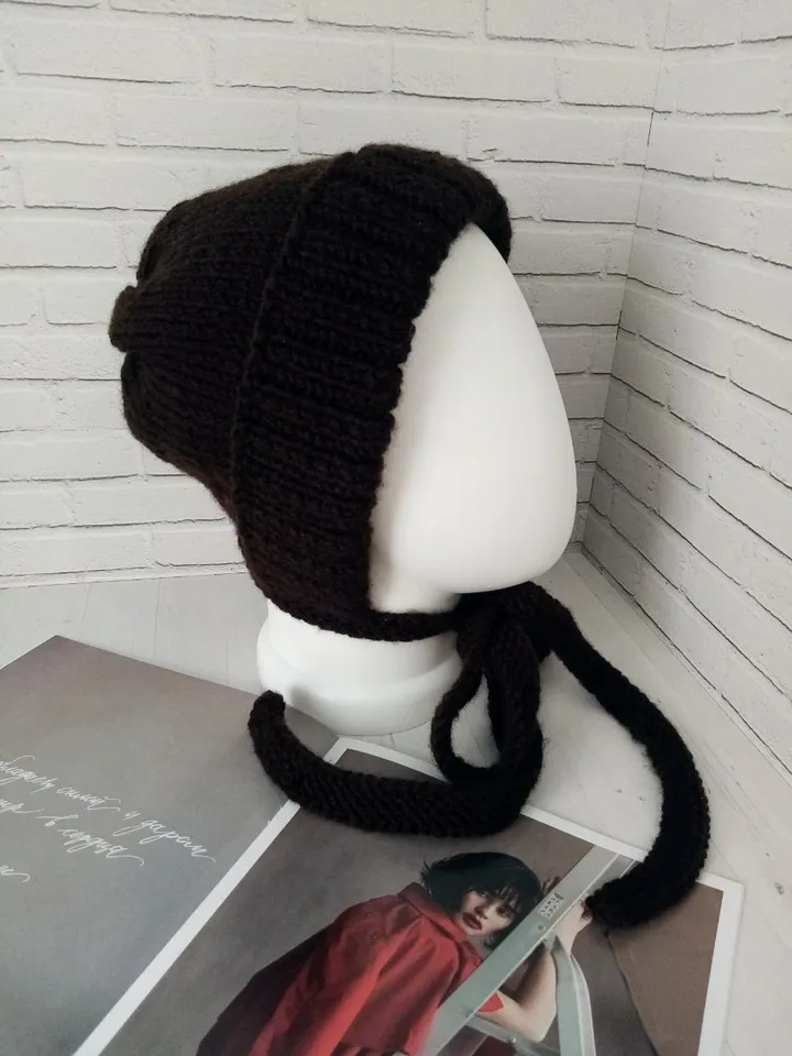 Warm Knitted Cap with Long Ties Handmade