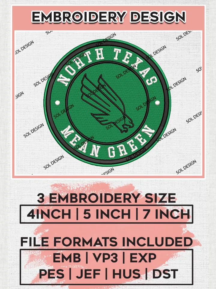 NCAA North Texas Mean Green Round Logo Embroidery, NCAA North Texas Mean Green Logo Embroidery files, NCAA Teams, Machine embroidery designs, Digital Download