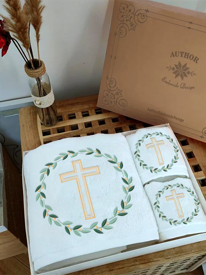 Cross with wreath embroidery design Machine embroidery pattern 3 sizes, Embroidery files christian cross, Religious embroidery Easter #R46