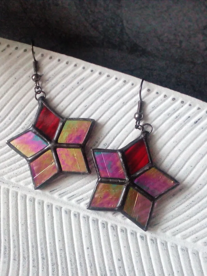 Star stained glass Iridescent earrings - Hoya flower geometric dangle earrings
