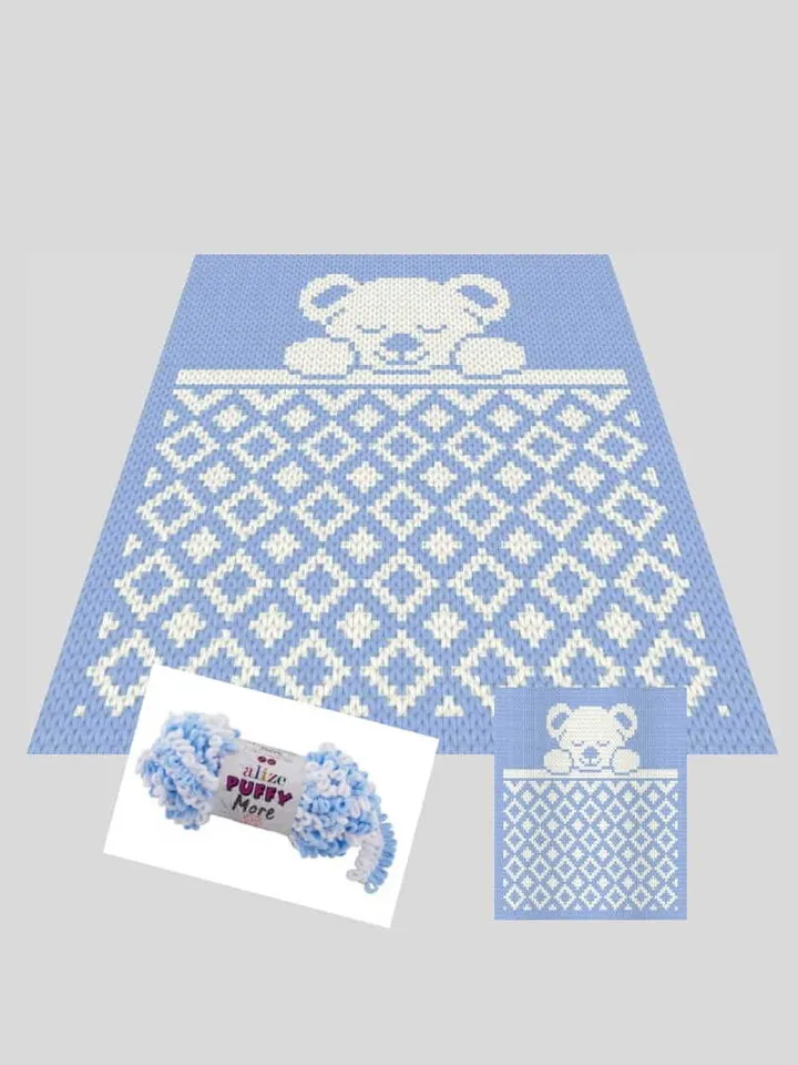 Loop yarn Finger knitted Sleeping bear blanket pattern PDF