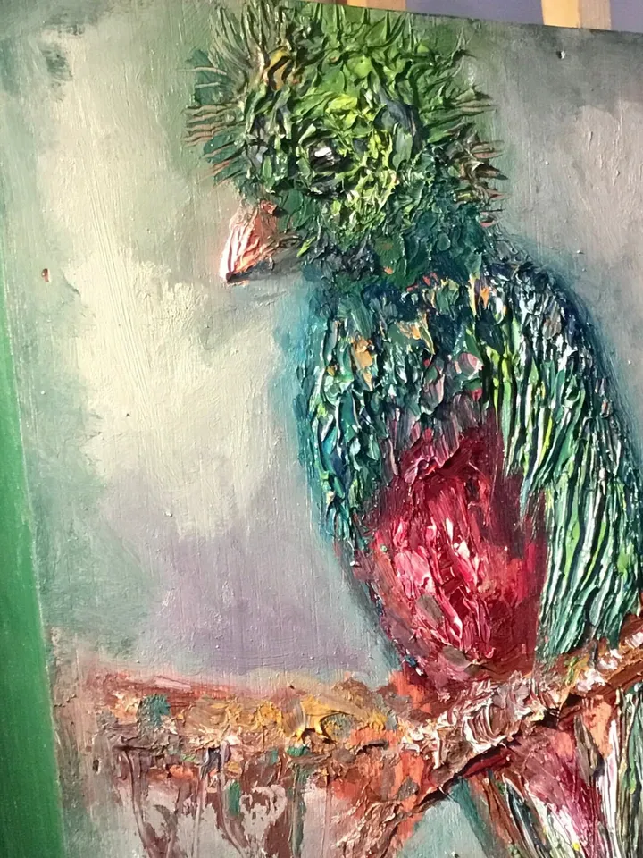 Quetzal bird,original oil impasto style painting on wooden box ,birds painting,exotic birds painting,wall decoration,unique gifts.