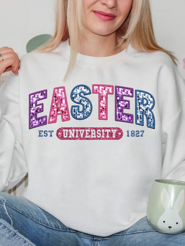 Trendy Easter University, Embroidery Sparkly, Faux Sequins, Easter Png, Cute Easter Day Shirt, Trendy Easter Day Png, College Sublimation