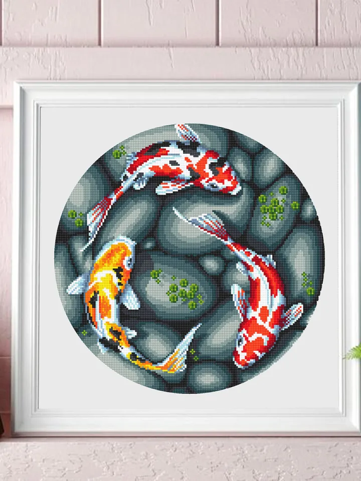 Koi pond cross stitch pattern download PDF, Koi fish cross stitch chart, Fish hand embroidery PDF, Oriental decor, Nature cross stitch #L51