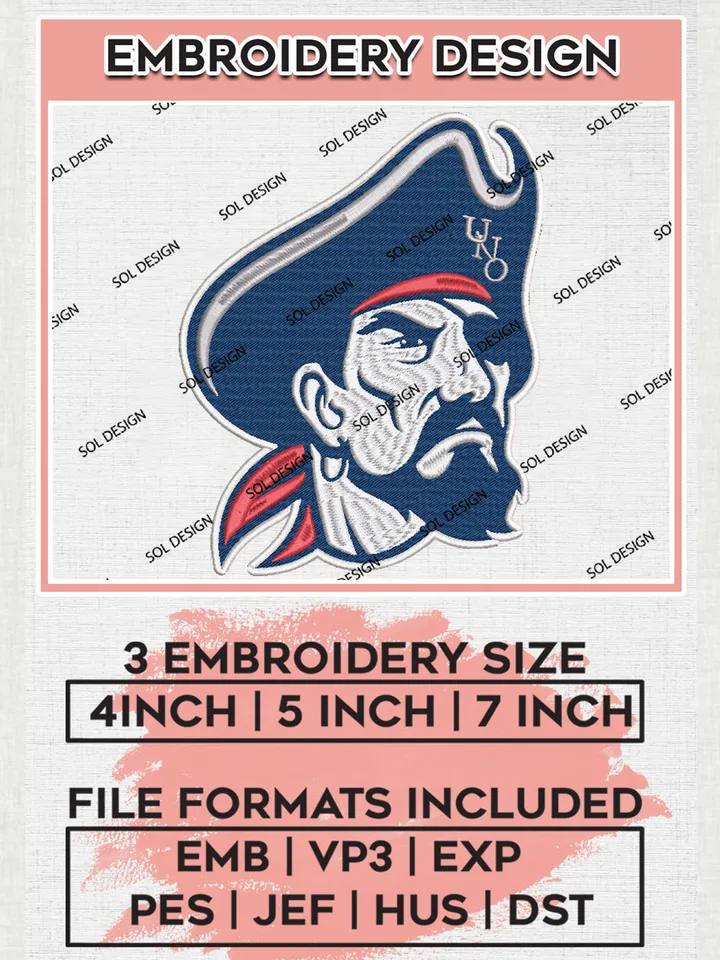 NCAA New Orleans Privateers College Football Team Head Mascot Logo Embroidery Design Files, NCAA New Orleans Privateers Machine Embroidery, NCAA Teams, 3 sizes, NCAA Machine embroidery designs, Digital Download