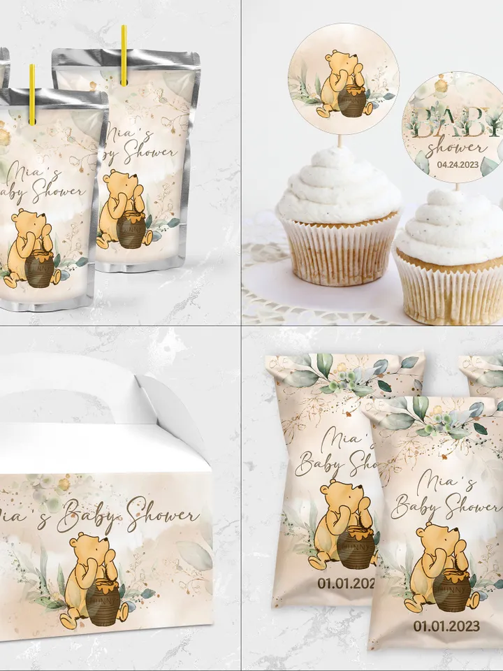 Winnie the Pooh Baby Shower Bundle; Large Winnie the Pooh Baby Shower Set; Honey Bear Baby Shower; We can Bearly Wait shower bundle; wp4