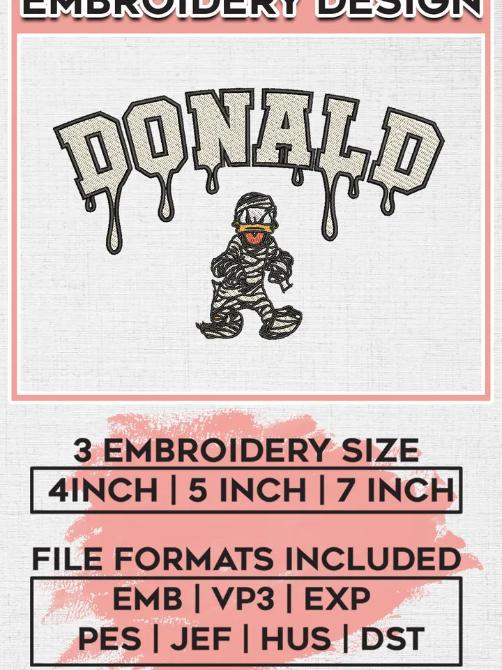 Mummy Donald Halloween Drop Name Embroidery designs, Disney Character Machine embroidery designs, Halloween embroidery files, Spooky Season Machine Embroidery Digitized Pes Files, Digital Download