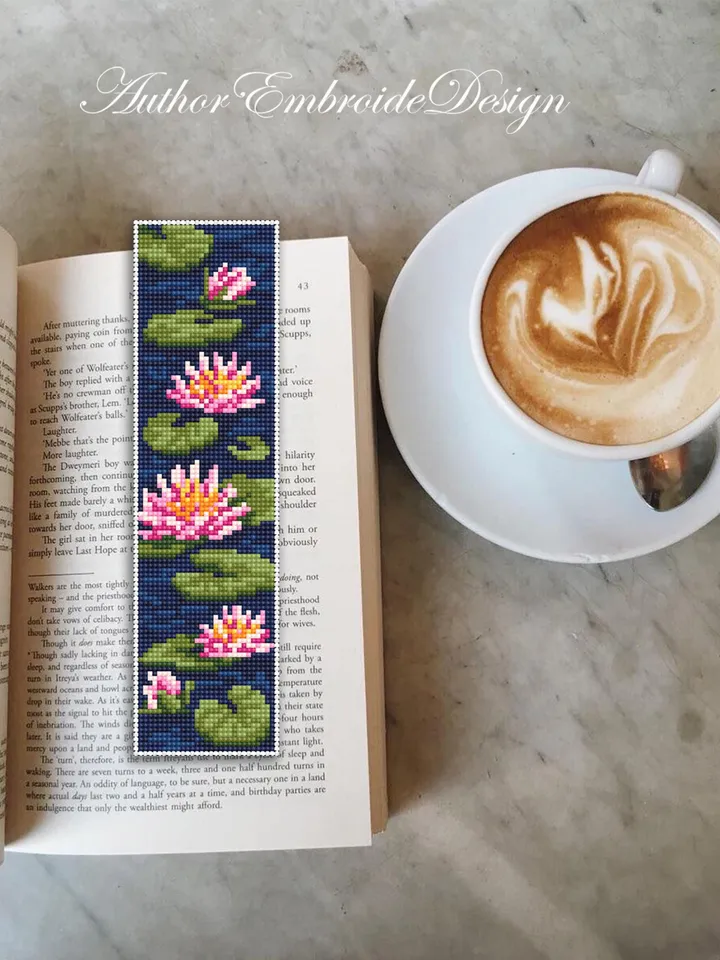 Lotus flower bookmark cross stitch pattern PDF download Water lily cross stitch chart Floral bookmark pattern digital PDF for beginner #B471