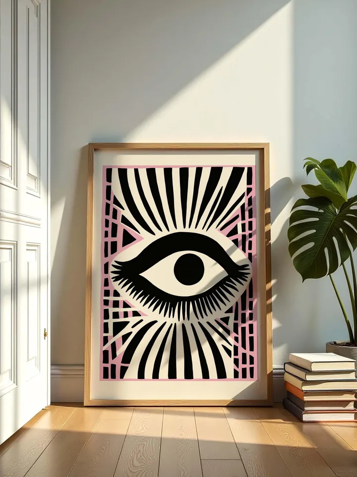 Eye Art Print Set, Bold Eye Poster, Pink Accent Graphic Print, Abstract Eye Wall Art, Minimal Eye Illustration, instant Digital Download