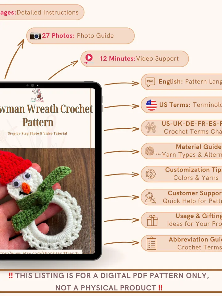Snowman Wreath Crochet Pattern, Christmas Ornament PDF Tutorial, DIY Holiday Décor, Beginner-Friendly Festive Craft, Handmade Decoration