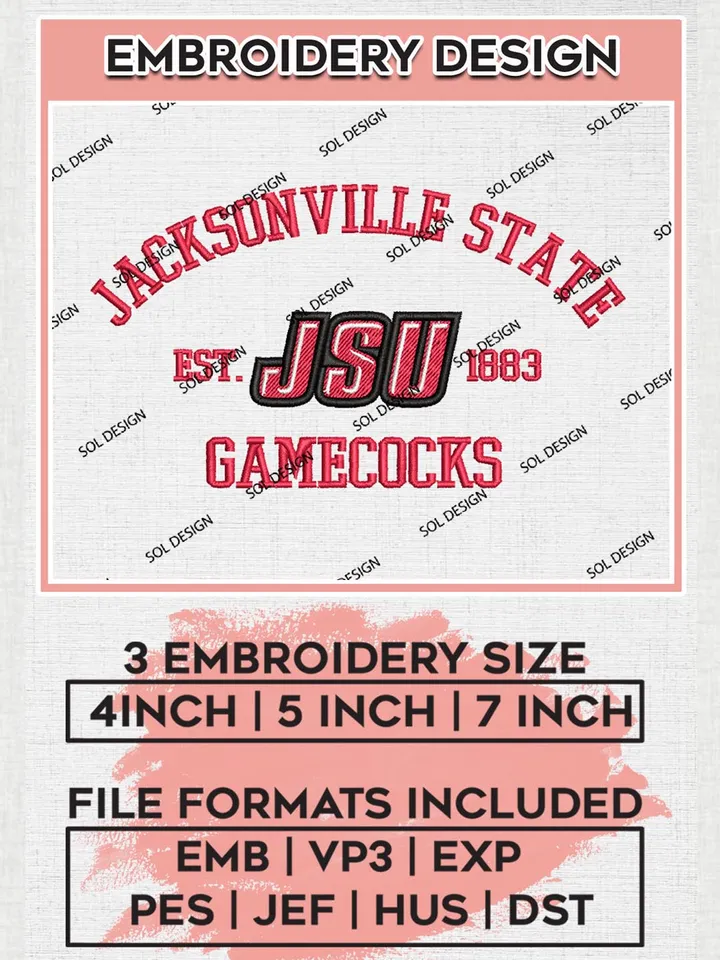Jacksonville State Gamecocks Est 1883 Logo Embroidery Designs, NCAA Jacksonville State Gamecocks Team Embroidery, NCAA Team Logo, 3 sizes, Machine embroidery Files, Digital Download