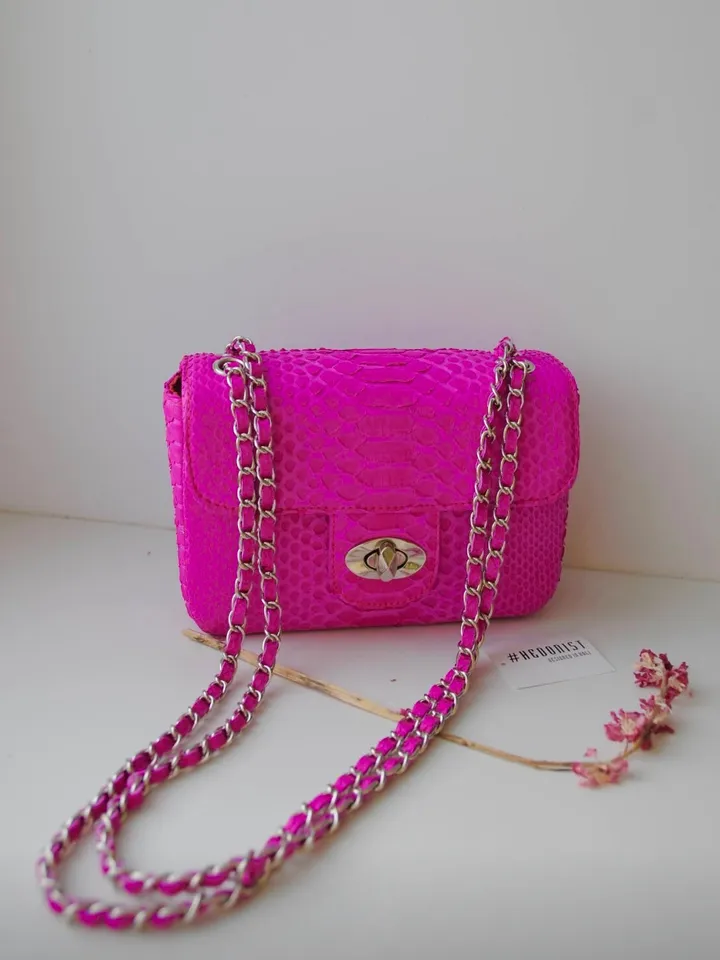 Genuine Python Skin fuchsia summer mini bag| Adjustable Chain Classy Elegant Bright Pink Crossbody Small Lady Summer Purse | Gift for her