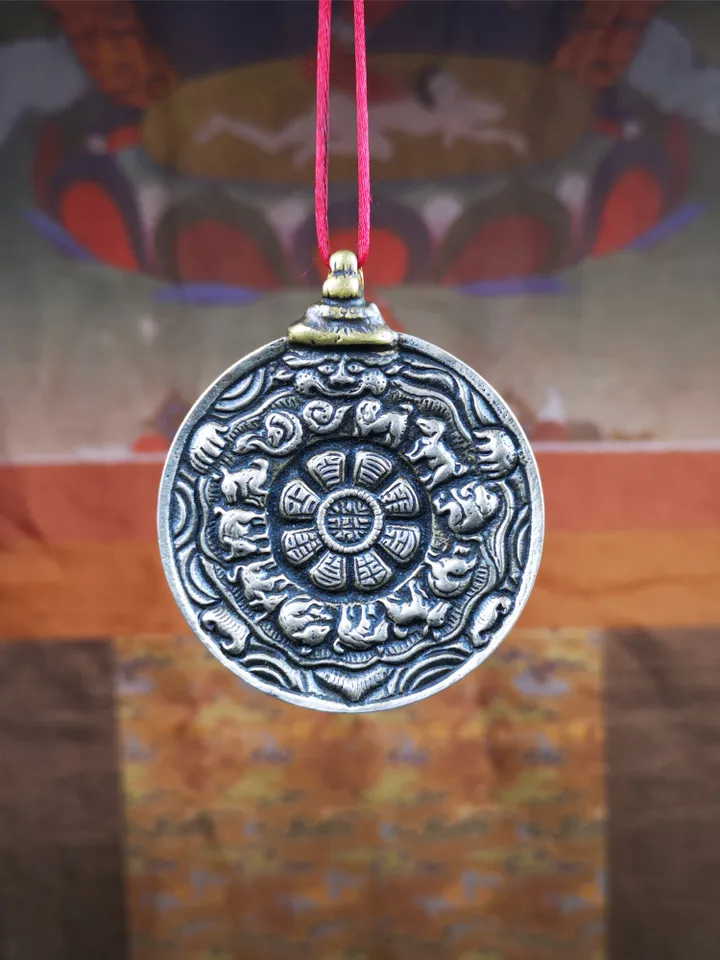 Gandhanra Acient Tibetan Buddhist Amulet,Melong Mirror,Calendar Badge,SIPAHO(srid pa ho),Made of Lima Brass,1.97"