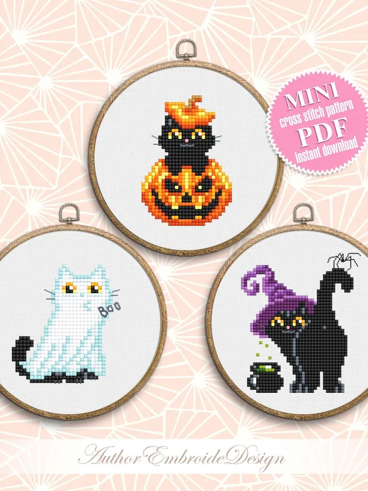 Set Halloween cats cross stitch pattern PDF download Cute black cat embroidery PDF, Ghost cat cross stitch chart, Funny home cat decor #H63