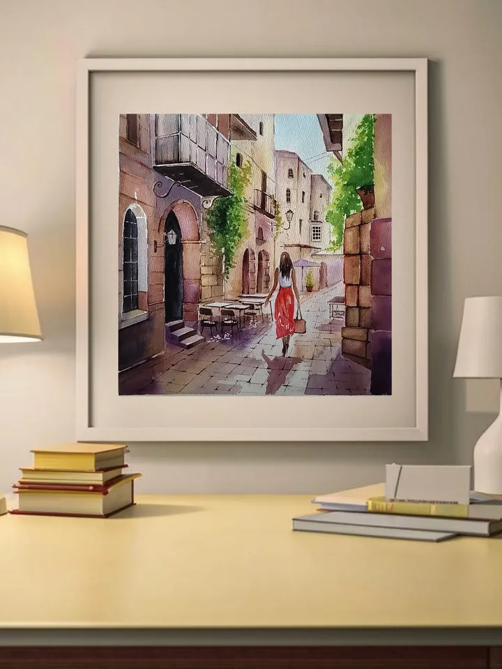 Original Watercolor Painting Cozy Urban Landscape Italy Street Artwork 27x33 cm by SoftWaves