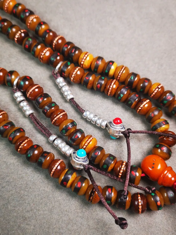 Gandhanra Handmade Antique Yak Bone Beads Mala,108 Prayer Beads Necklace with Bead Counters,for Meditation and Prayer