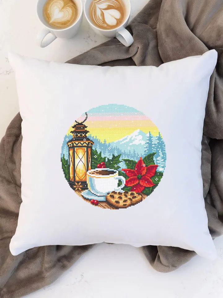 Christmas coffee cup cross stitch pattern PDF download Cozy cross stitch chart, Christmas pattern digital PDF, Mountain landscape #N190
