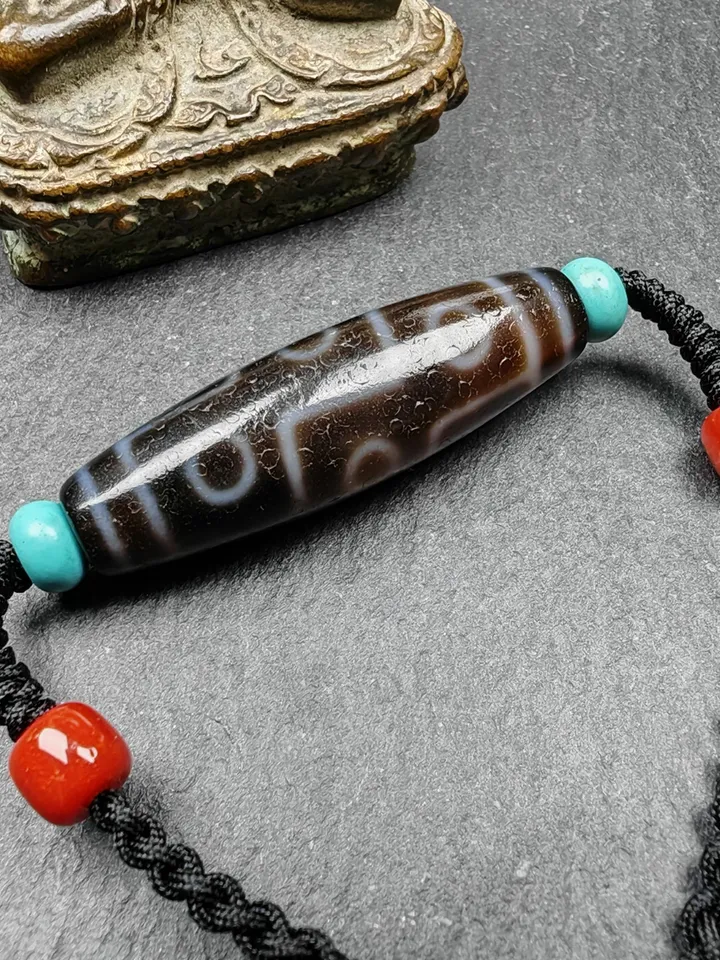 Gandhanra Vintage Tibetan 9 Eyes Dzi Bead Necklace,Protective Charm,Spiritual Gift,1.5&quot; x 0.4&quot;