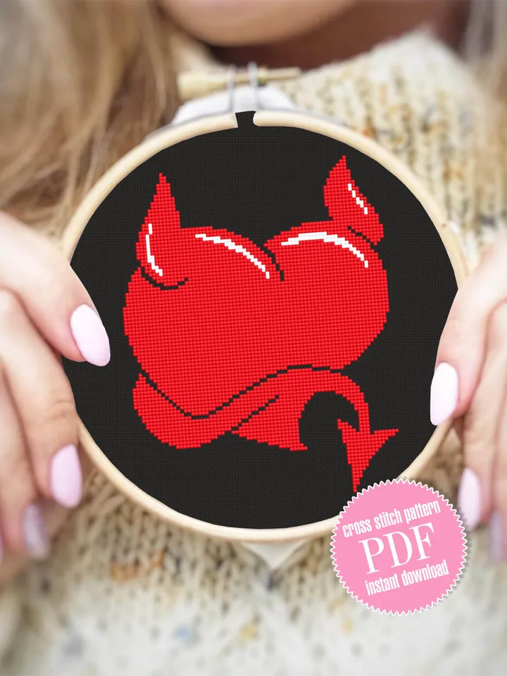 Devil heart cross stitch pattern download PDF Funny Valentine stitch, Heart ornament cross stitch chart, Devil horns, Heart design #T11