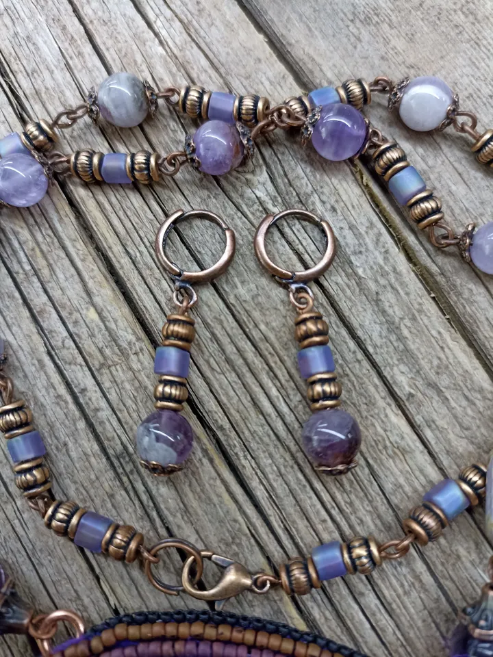 Bead embroidered violet necklace with Lepidolite, Sugilite, Charoite and Amethyst gemstones and an electroformed oak leaf Boho jewelry OOAK