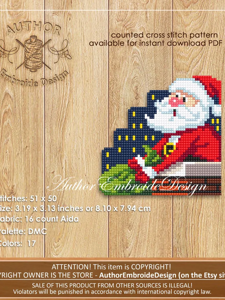 Christmas corner bookmark cross stitch pattern PDF download Santa on the roof cross stitch chart, Christmas bookmark pattern digital #B393