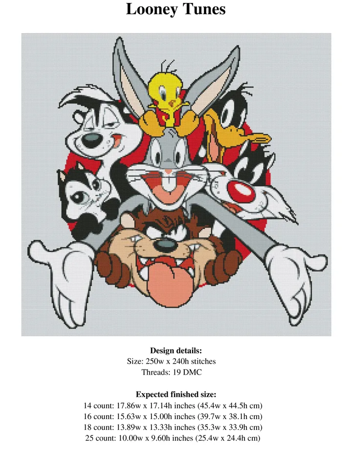 Looney Tunes PDF Cross Stitch Pattern, Cartoon Cross Stitch Chart