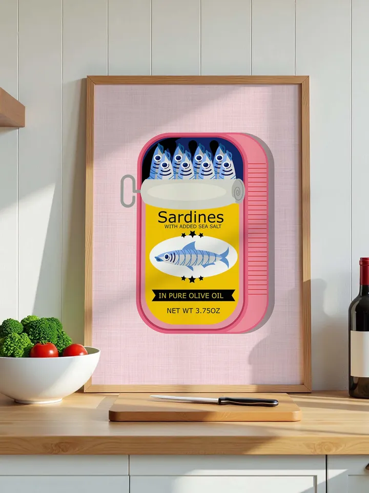 Sardines Print Sardine Tin Vintage Poster Retro Sardine Wall Art Fish Print Eclectic Wall Art Colorful Kitchen Art Maximalist Poster Digital