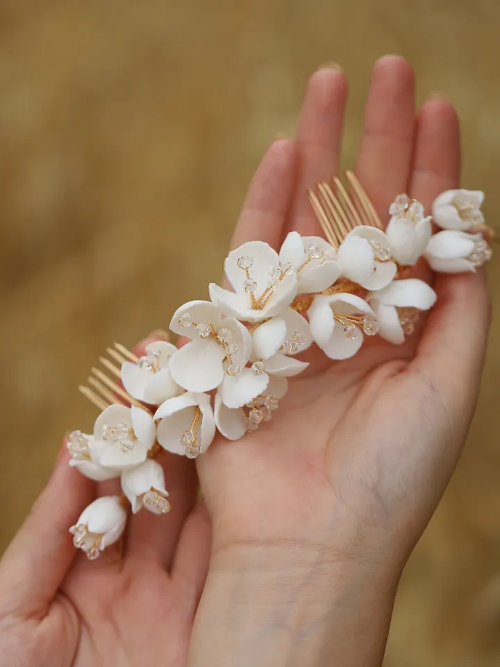 Gold Wedding hair accessories, Porcelain Flower Headpiece, Floral Bridal Headpiece, Rose Gold Hair Comb, Leaves Bridal Hair Accessories,