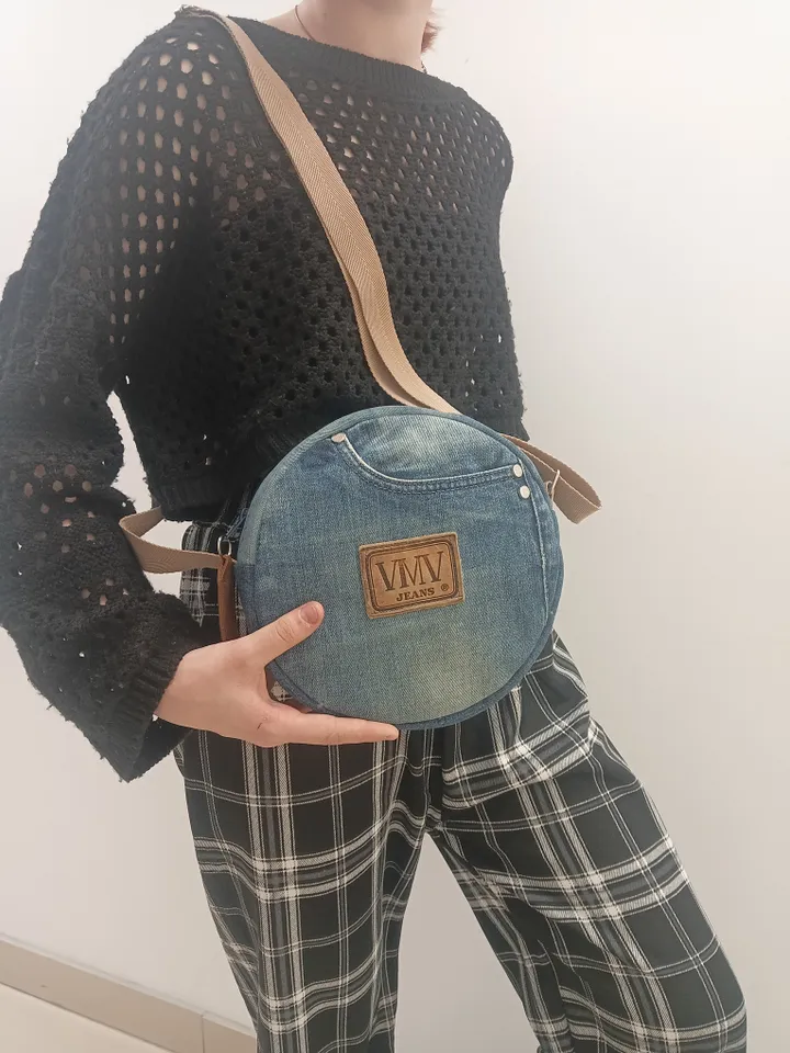 Unusual round denim purse with 4 pockets , small crossbody bag