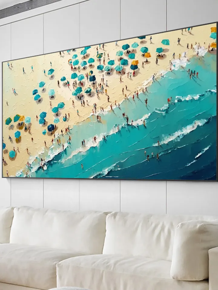 Large Original Beach Oil Painting on Canvas, Abstract Blue Seascape Painting, Texture Wall Art, Custom Painting, living room Wall Decor