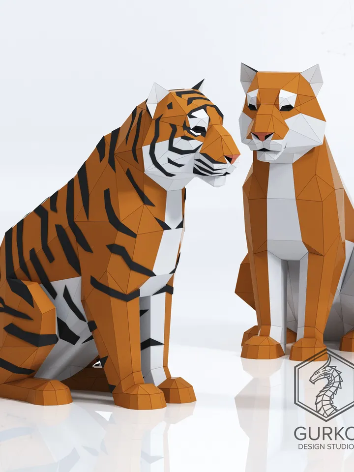 Sitting Tiger Papercraft, Cat, Digital Template, PDF Download, Gurko, 3D Low Poly, Pepakura, DIY Origami Sculpture, Paper Party Decoration