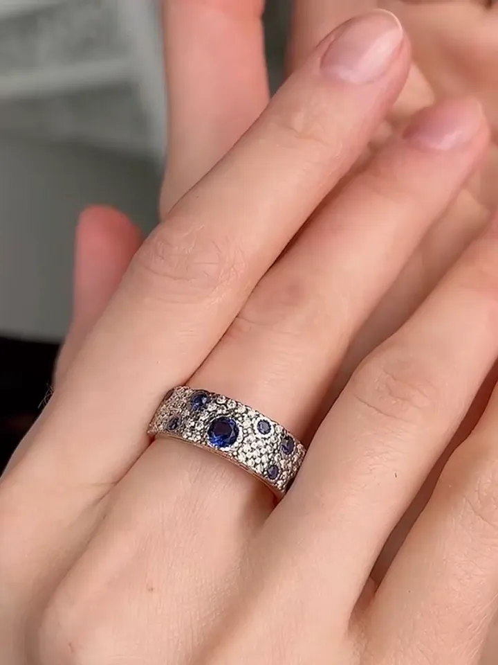 Women's ring silver 925, gold plated with cubic zirconia and sapphire