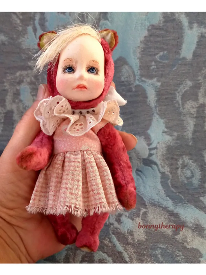 Little designer doll height 5.5 inches sitting, handmade in teddy doll style.