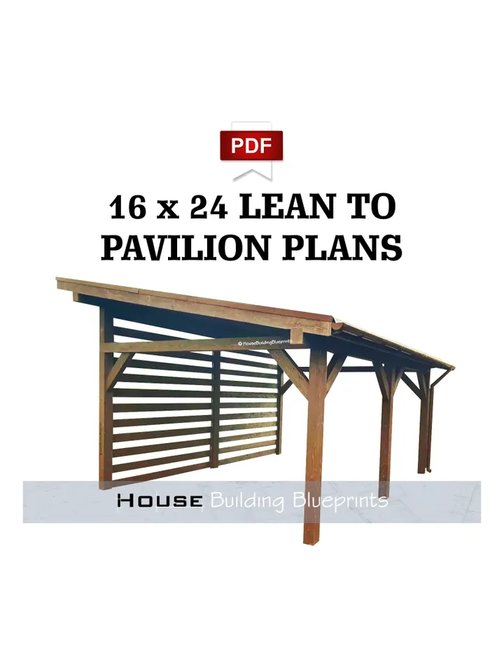 Outdoor 16' x 24' lean to pavilion plans for DIY. Backyard wooden gazebo plans for patio pdf. DIY covered garage plans