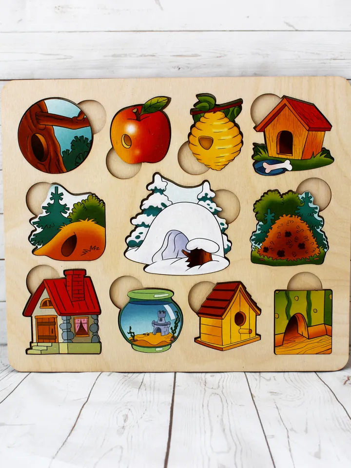 Wooden Puzzle - animals and houses, Montessori toddler toy, jigsaw board
