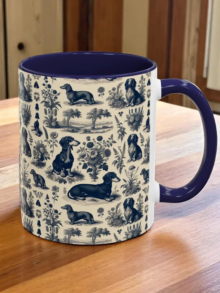 Dachshund Toile de Jouy Mug, Floral Etching Pattern, French Dog Art Cup, Classical Gift Idea, Kitchen Decor, Gift For Pet Owners, Home Decor