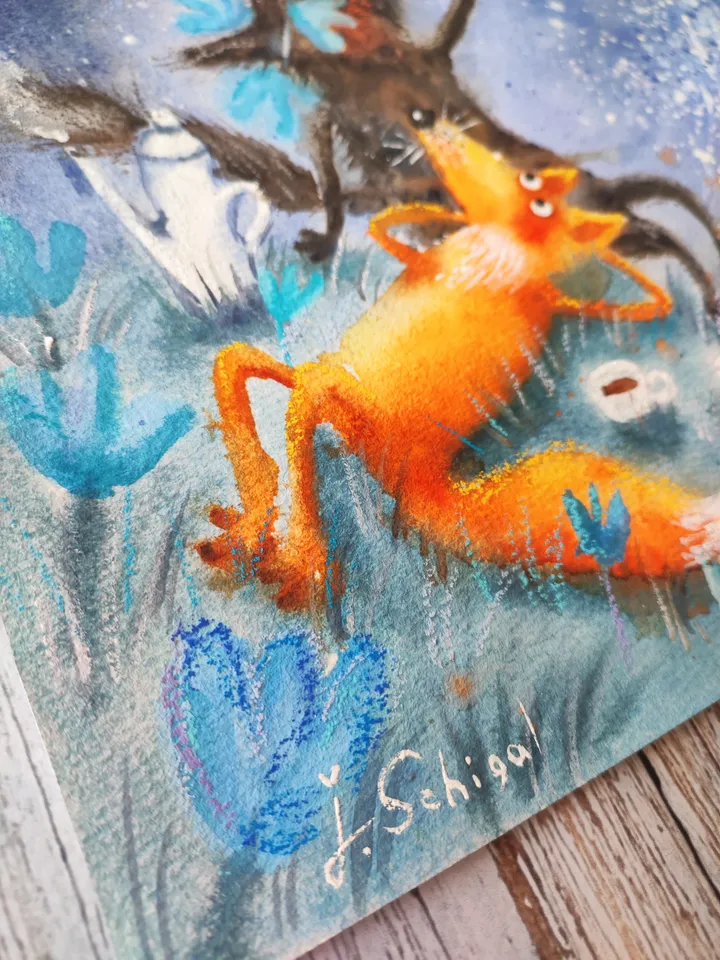 27x27cm Artwork by Julia Schigal "A Shooting Star" - watercolor, gouache, pastel