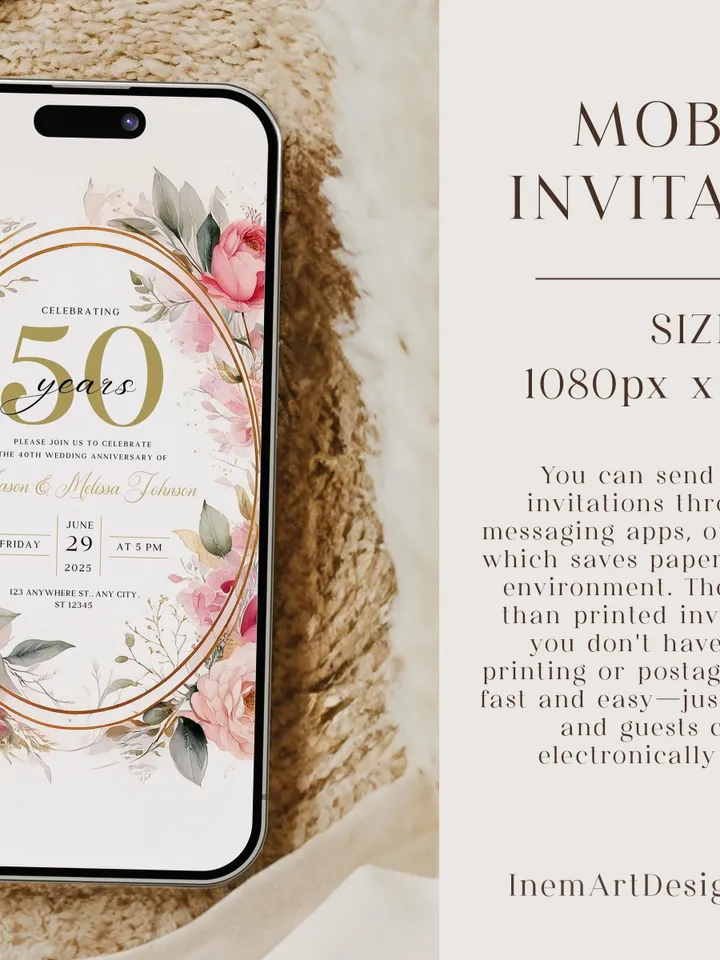 50th Anniversary Invitation, Blush Pink Wedding Anniversary Invite, Wedding Anniversary Invitation Printable, Editable Canva Template