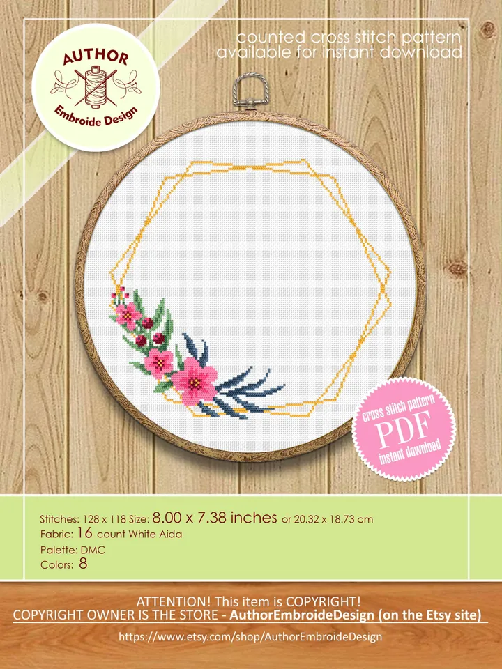 Flower frame cross stitch pattern PDF download Your text here, Simple wreath cross stitch chart, Pentagon frame pattern digital PDF #Y6