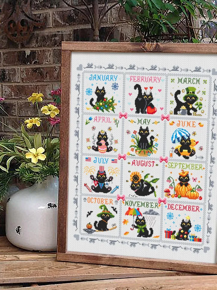 Funny cat calendar cross stitch pattern PDF download Black cat cross stitch chart, Cute cat pattern digital PDF, Cat holiday cards #K60