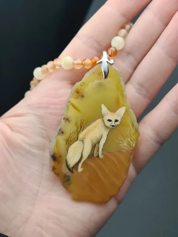 Desert fox fenech leather necklace Hand painted jewelry miniature painting